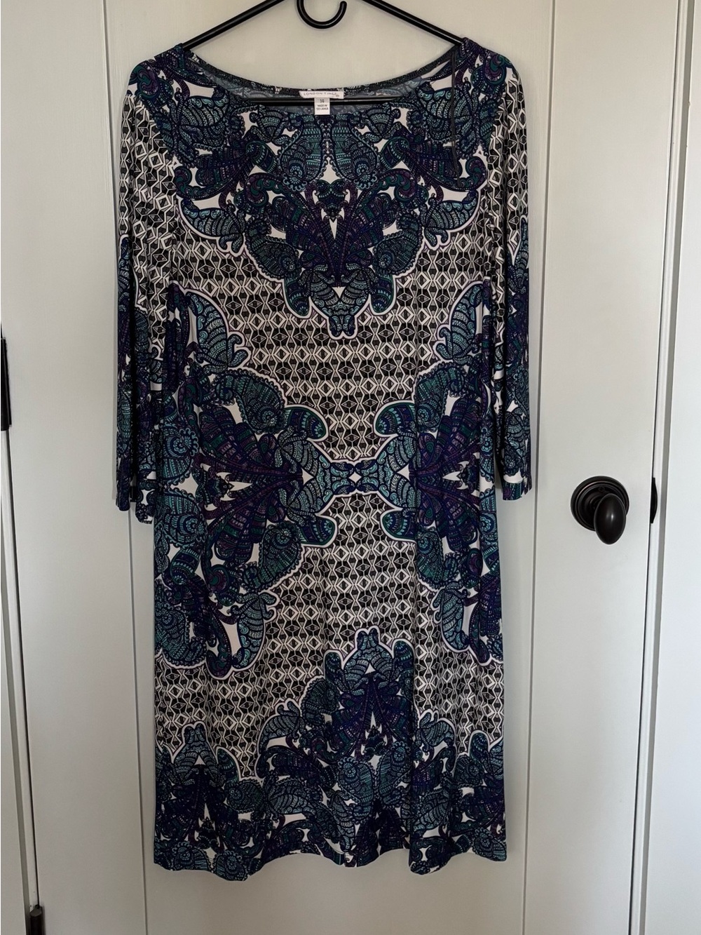 London Times Teal and Navy Printed Scoop-Neck Midi Dress